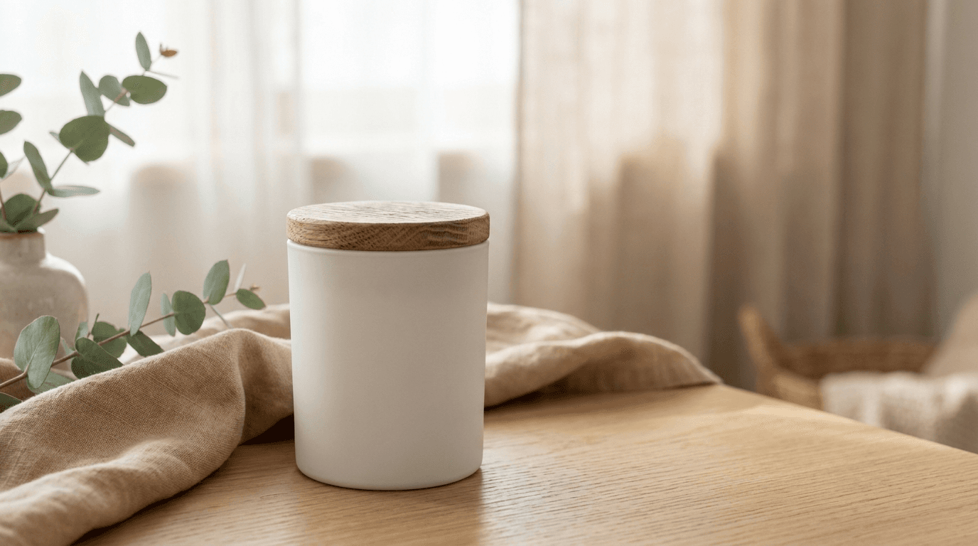 Brennende Kerze in warmem nordischem Interieur